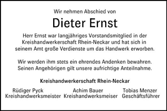 Traueranzeige von Dieter Ernst von Mannheimer Morgen