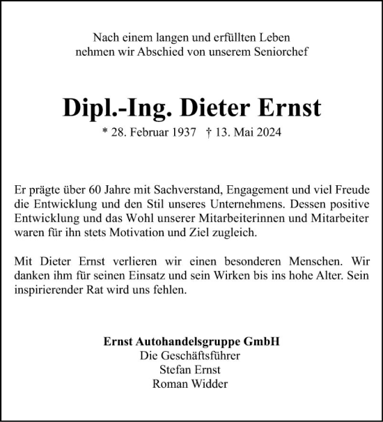 Traueranzeige von Dieter Ernst von Mannheimer Morgen
