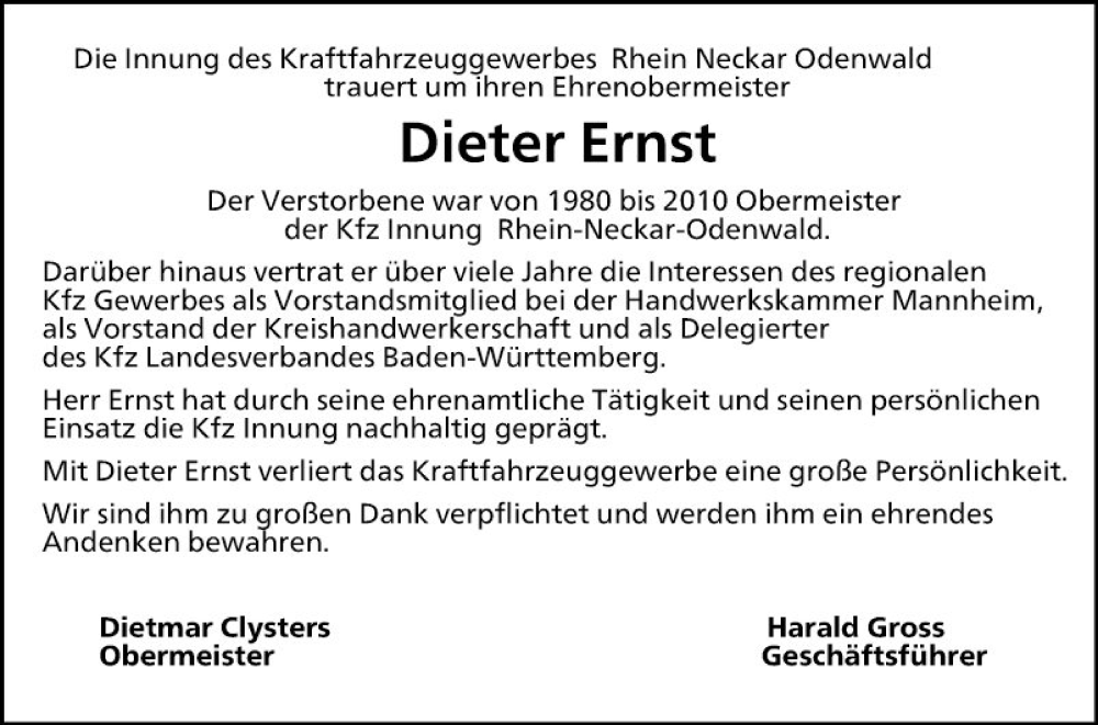  Traueranzeige für Dieter Ernst vom 18.05.2024 aus Mannheimer Morgen