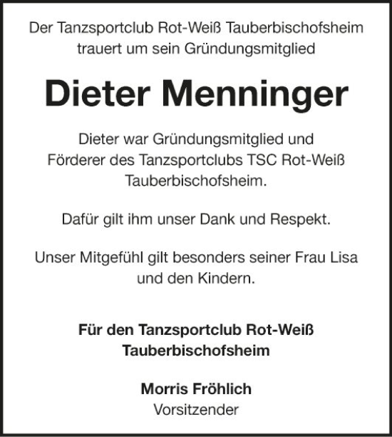 Traueranzeige von Dieter Menninger von Fränkische Nachrichten