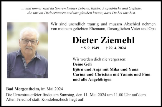 Traueranzeige von Dieter Ziernehl von Fränkische Nachrichten