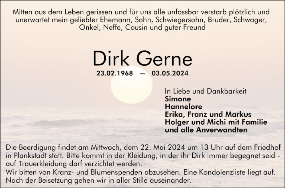 Traueranzeige für Dirk Gerne vom 18.05.2024 aus Schwetzinger Zeitung