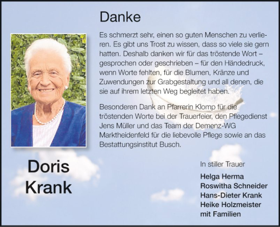 Traueranzeige von Doris Krank von Fränkische Nachrichten