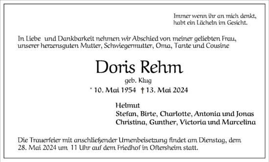 Traueranzeige von Doris Rehm von Schwetzinger Zeitung