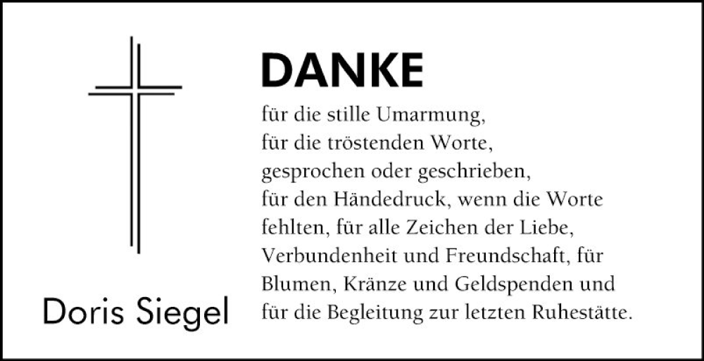  Traueranzeige für Doris Siegel vom 11.05.2024 aus Schwetzinger Zeitung