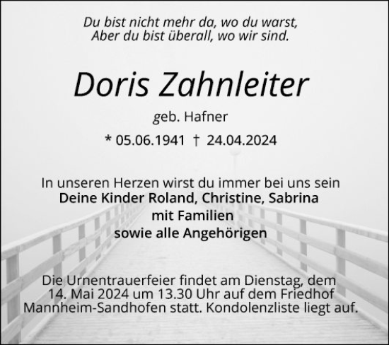 Traueranzeige von Doris Zahnleiter von Mannheimer Morgen
