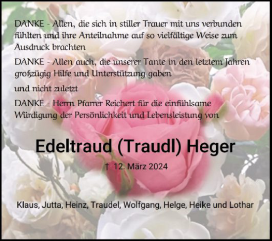 Traueranzeige von Edeltraud Heger von Bergsträßer Anzeiger