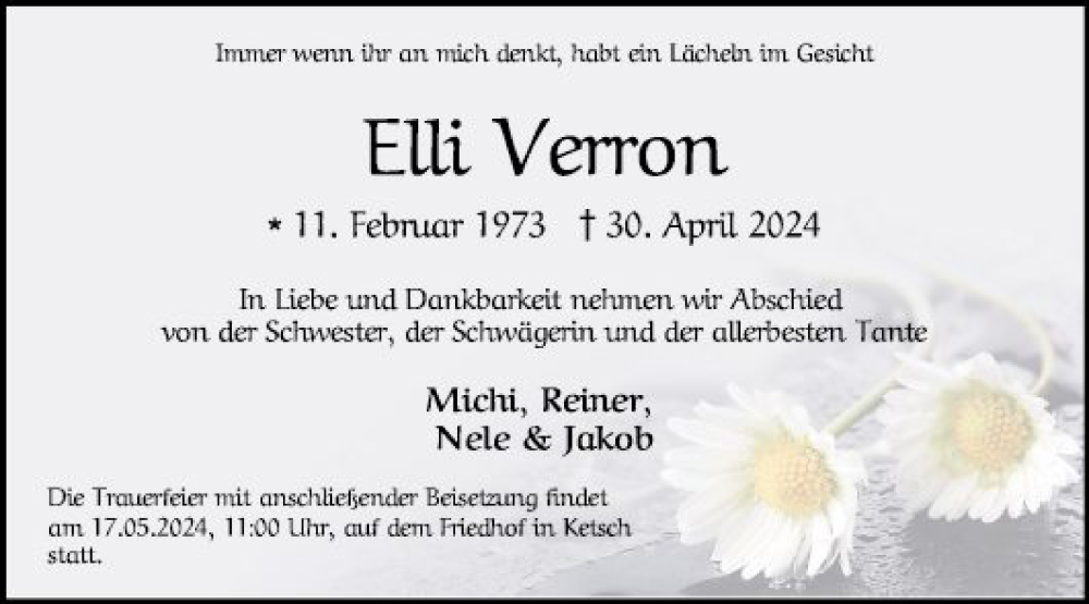  Traueranzeige für Eilt Verron vom 11.05.2024 aus Schwetzinger Zeitung