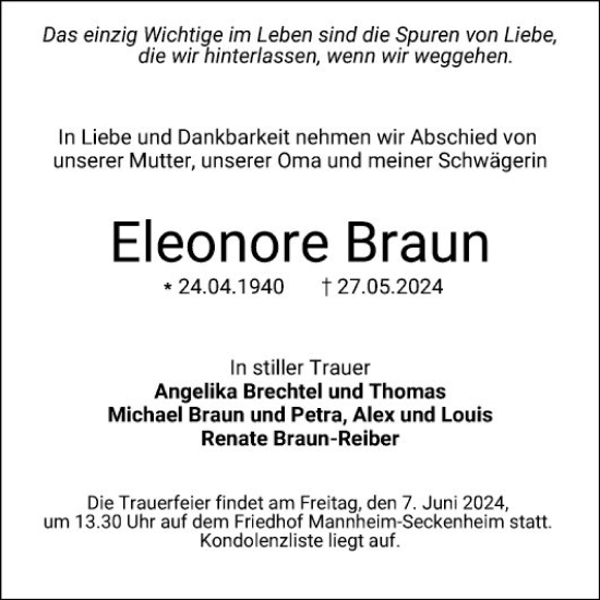 Traueranzeige von Eleonore Braun von Mannheimer Morgen