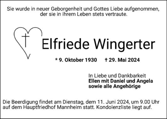 Traueranzeige von Elfriede Wingerter von Mannheimer Morgen