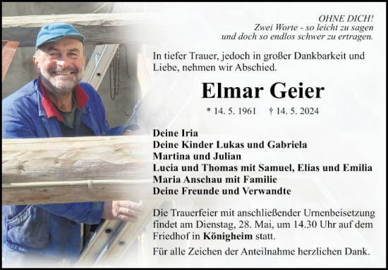 Traueranzeige von Elmar Geier von Fränkische Nachrichten