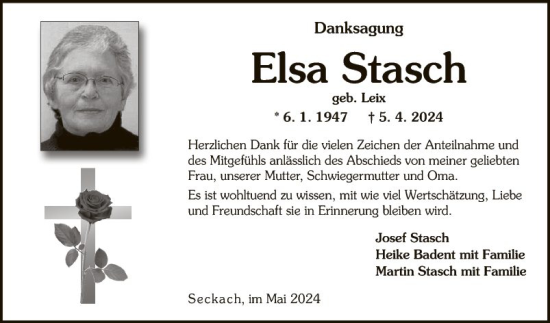Traueranzeige von Elsa Stasch von Fränkische Nachrichten