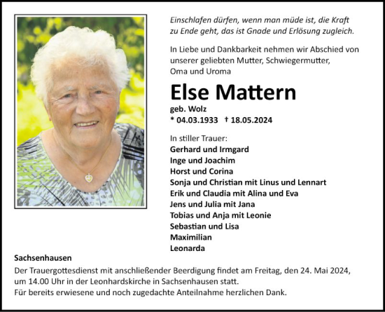 Traueranzeige von Else Mattern von Fränkische Nachrichten