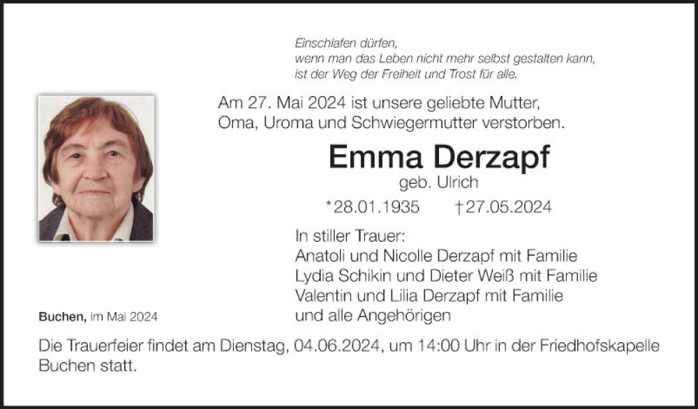  Traueranzeige für Emma Derzapf vom 01.06.2024 aus Fränkische Nachrichten