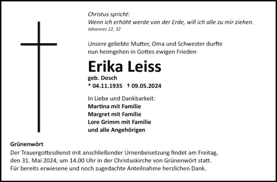 Traueranzeige von Erika Leiss von Fränkische Nachrichten