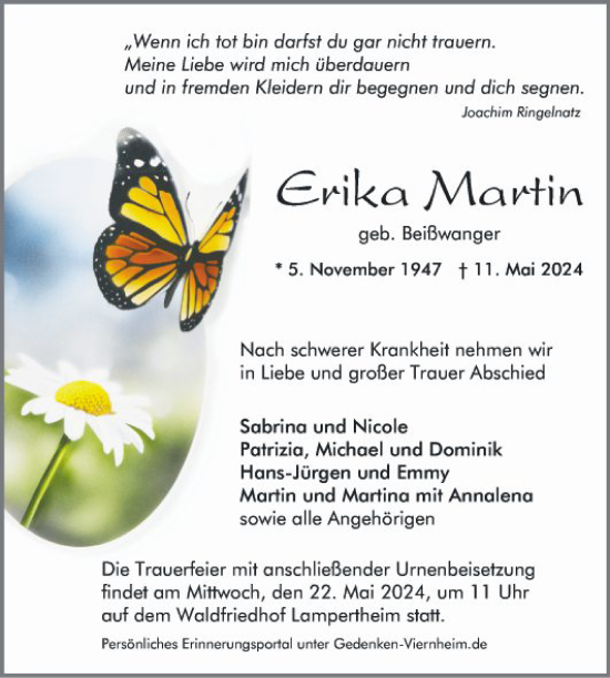 Traueranzeige von Erika Martin von Mannheimer Morgen