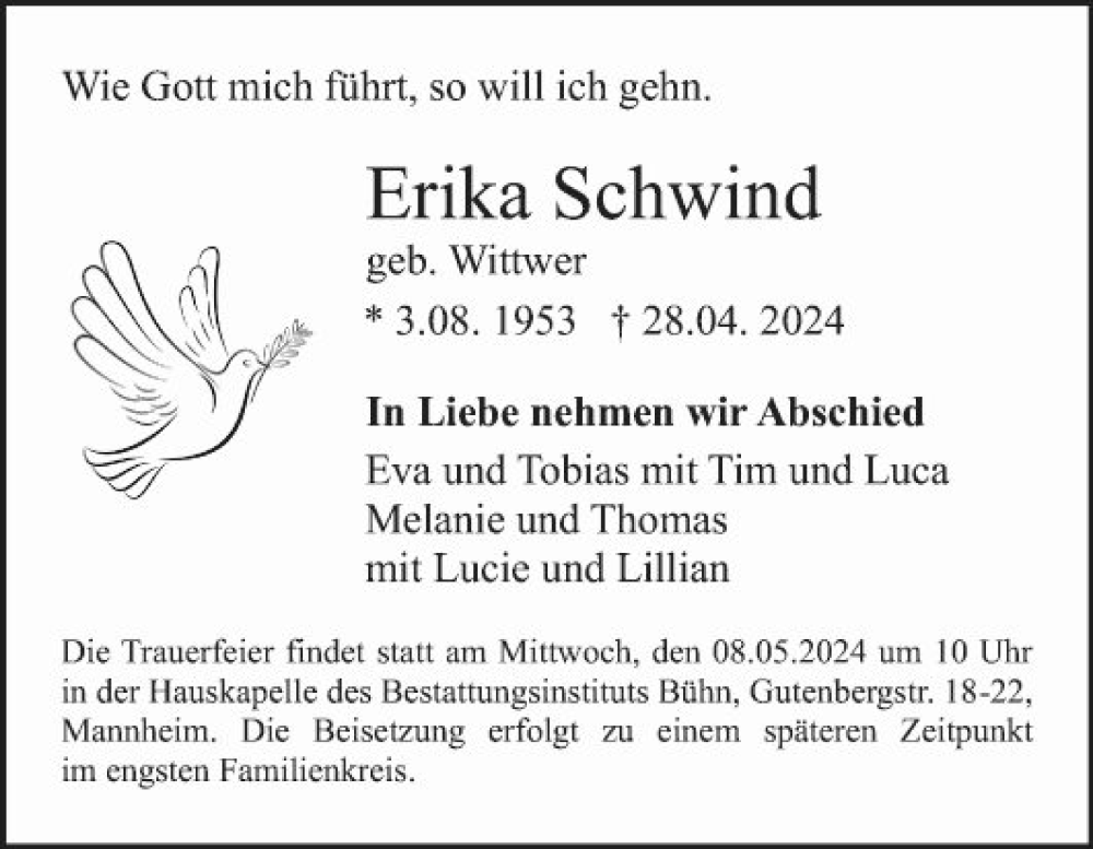  Traueranzeige für Erika Schwind vom 04.05.2024 aus Mannheimer Morgen