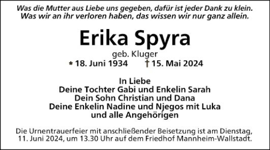 Traueranzeige von Erika Spyra von Mannheimer Morgen