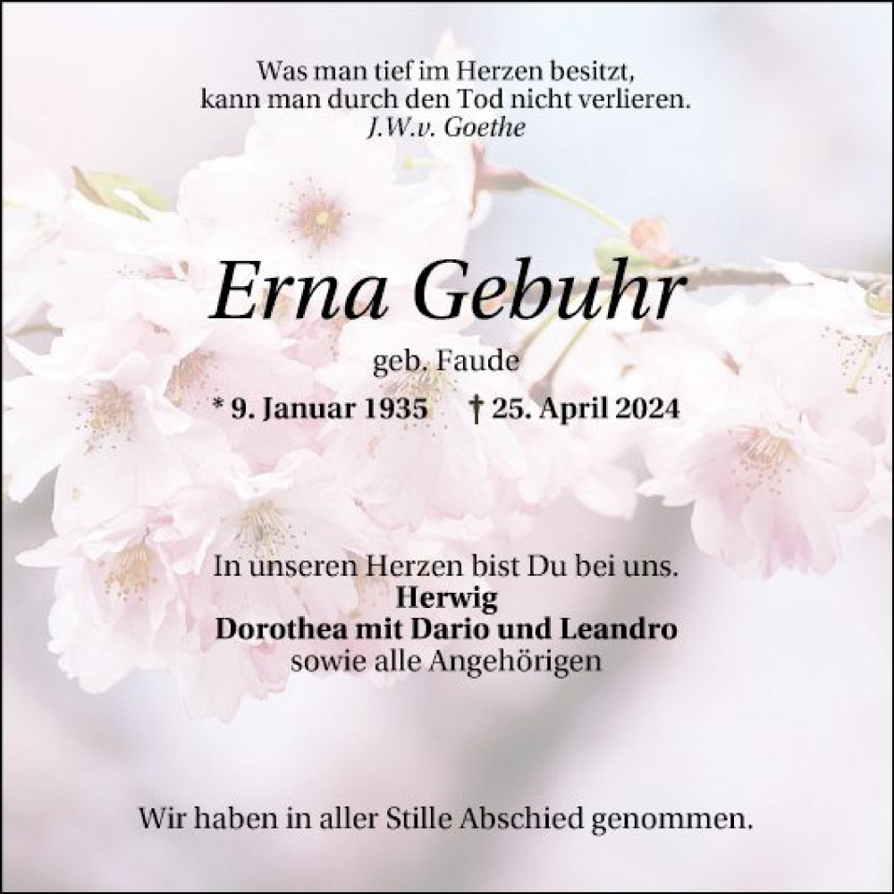  Traueranzeige für Erna Gebuhr vom 18.05.2024 aus Schwetzinger Zeitung