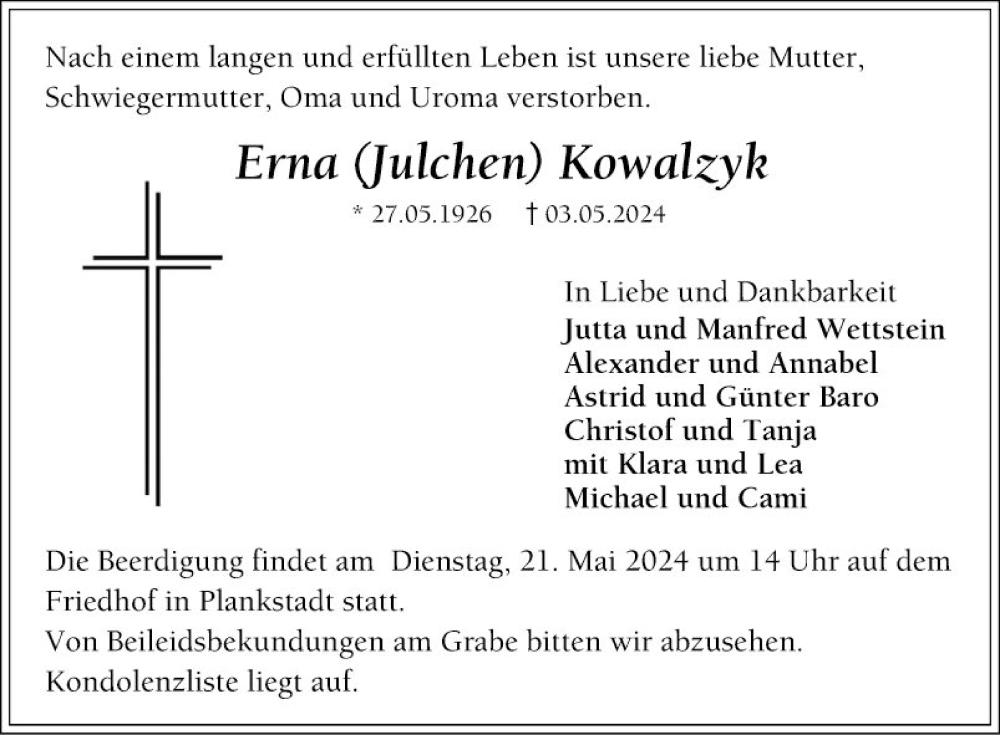 Traueranzeige für Erna Kowalzyk vom 18.05.2024 aus Schwetzinger Zeitung