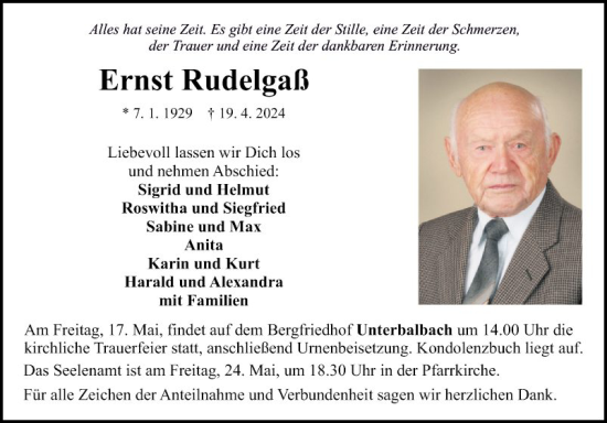 Traueranzeige von Ernst Rudelgaß von Fränkische Nachrichten