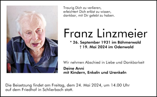 Traueranzeige von Franz Linzmeier von Bergsträßer Anzeiger