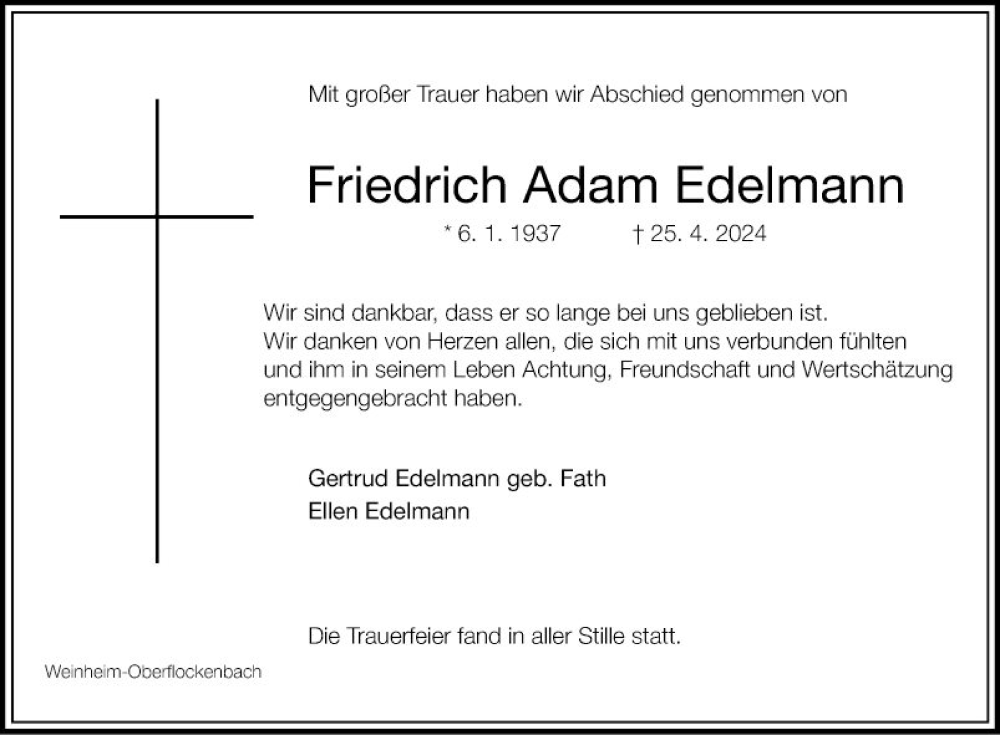 Traueranzeige für Friedrich Adam Edelmann vom 04.05.2024 aus Mannheimer Morgen