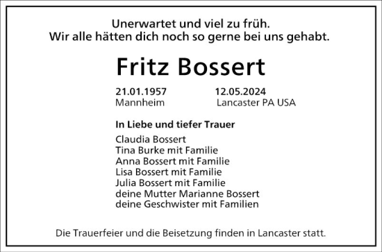 Traueranzeige von Fritz Bossert von Mannheimer Morgen
