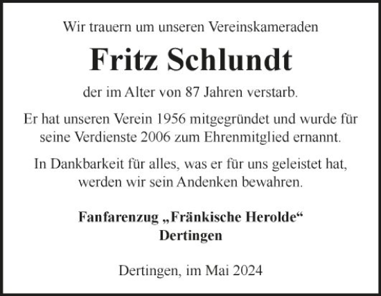Traueranzeige von Fritz Schlundt von Fränkische Nachrichten