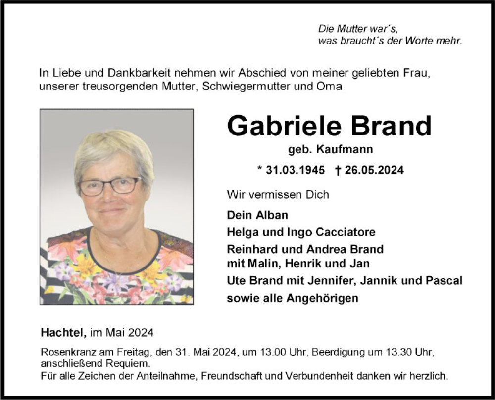  Traueranzeige für Gabriele Brand vom 29.05.2024 aus Fränkische Nachrichten