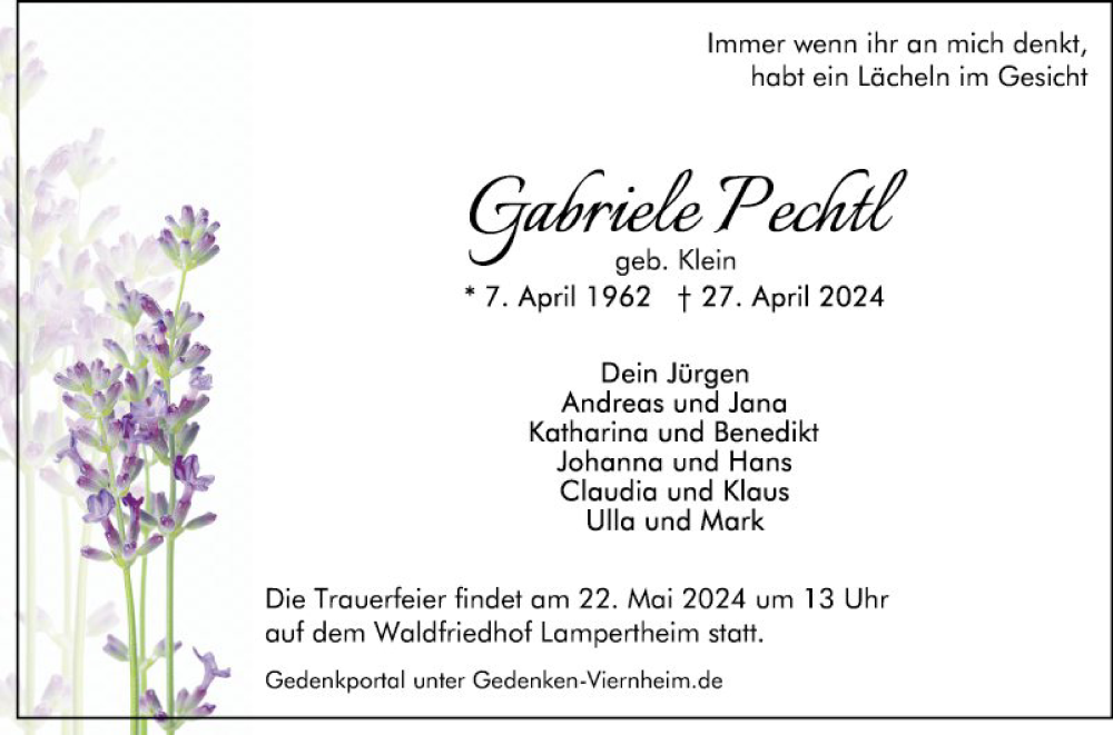 Traueranzeige für Gabriele Pechtl vom 11.05.2024 aus Mannheimer Morgen