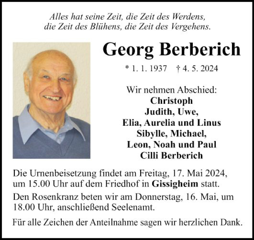 Traueranzeige für Georg Berberich vom 13.05.2024 aus Fränkische Nachrichten