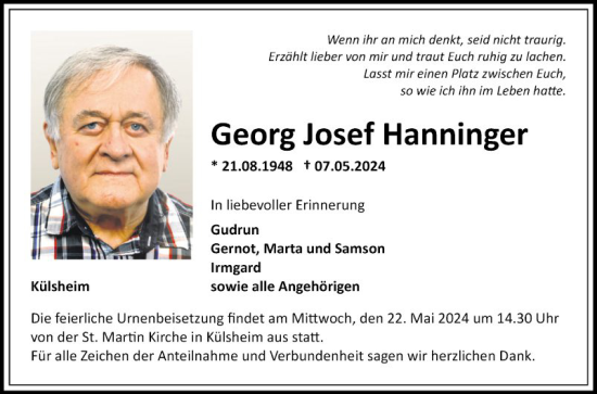 Traueranzeige von Georg Josef Hanninger von Fränkische Nachrichten
