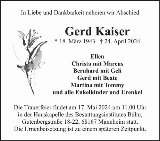 Traueranzeige von Gerd Kaiser von Mannheimer Morgen