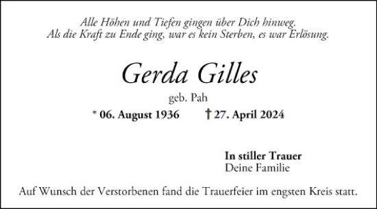 Traueranzeige von Gerda Gilles von Mannheimer Morgen