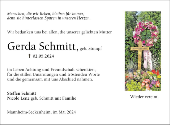 Traueranzeige von Gerda Schmitt von Mannheimer Morgen