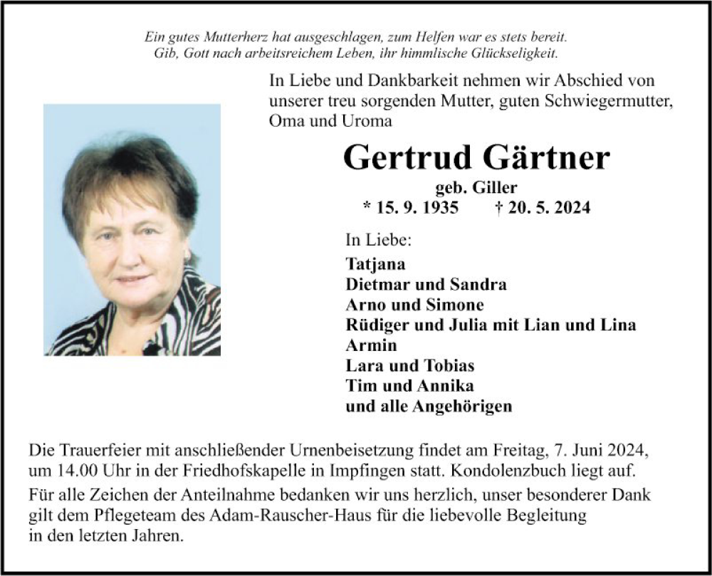  Traueranzeige für Gertrud Gärtner vom 01.06.2024 aus Fränkische Nachrichten