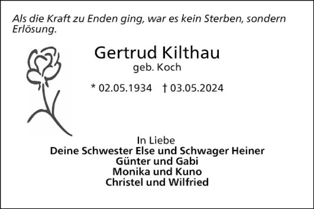  Traueranzeige für Gertrud Kilthau vom 11.05.2024 aus Mannheimer Morgen