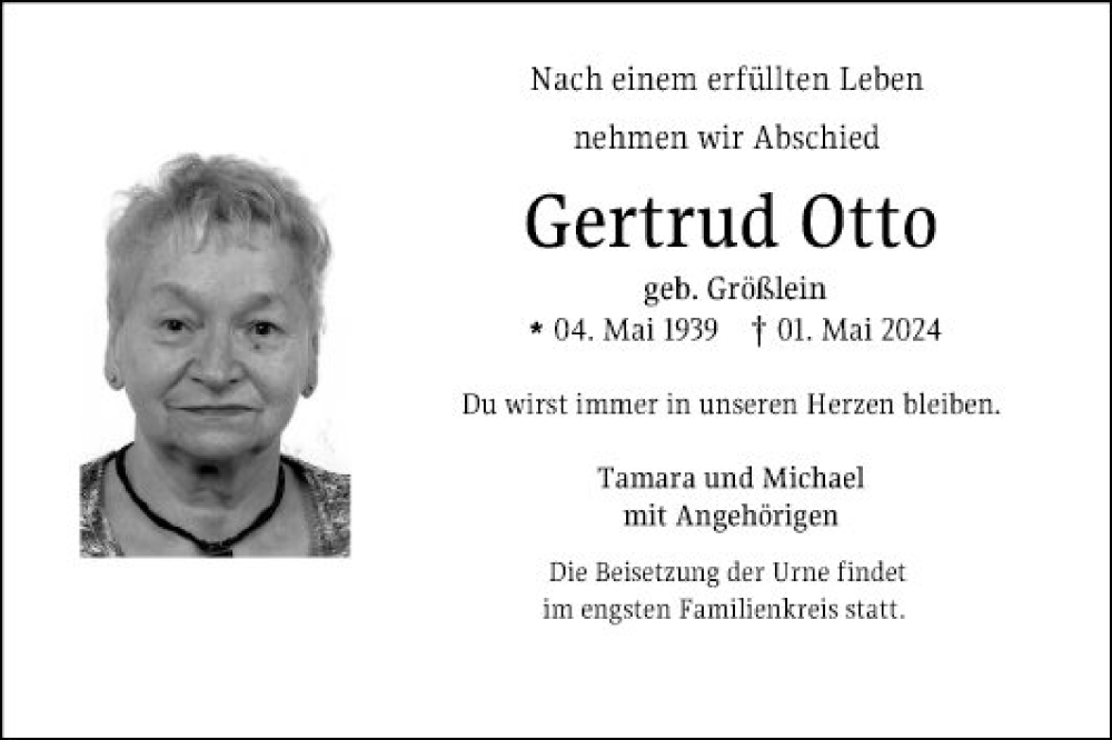  Traueranzeige für Gertrud Otto vom 11.05.2024 aus Fränkische Nachrichten
