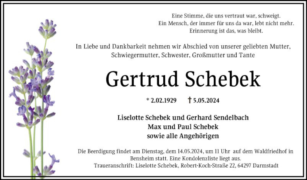  Traueranzeige für Gertrud Schebek vom 08.05.2024 aus Bergsträßer Anzeiger