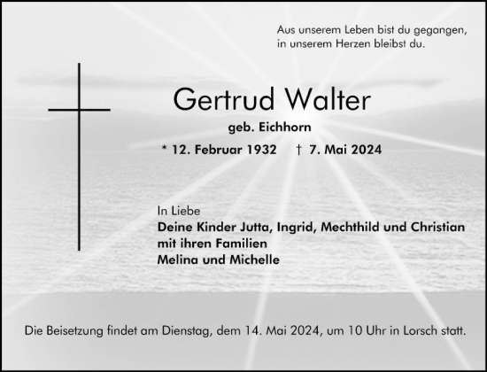 Traueranzeige von Gertrud Walter von Bergsträßer Anzeiger