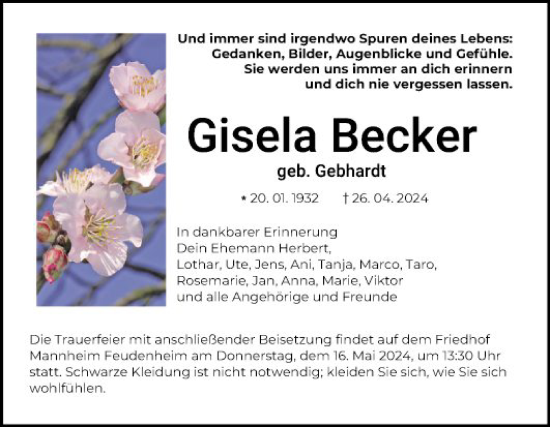 Traueranzeige von Gisela Becker von Mannheimer Morgen