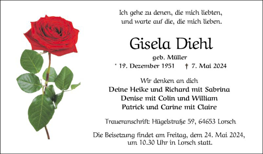  Traueranzeige für Gisela Diehl vom 11.05.2024 aus Bergsträßer Anzeiger