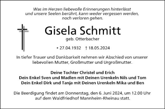 Traueranzeige von Gisela Schmitt von Mannheimer Morgen