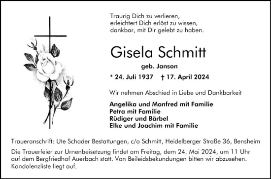 Traueranzeige von Gisela Schmitt von Bergsträßer Anzeiger