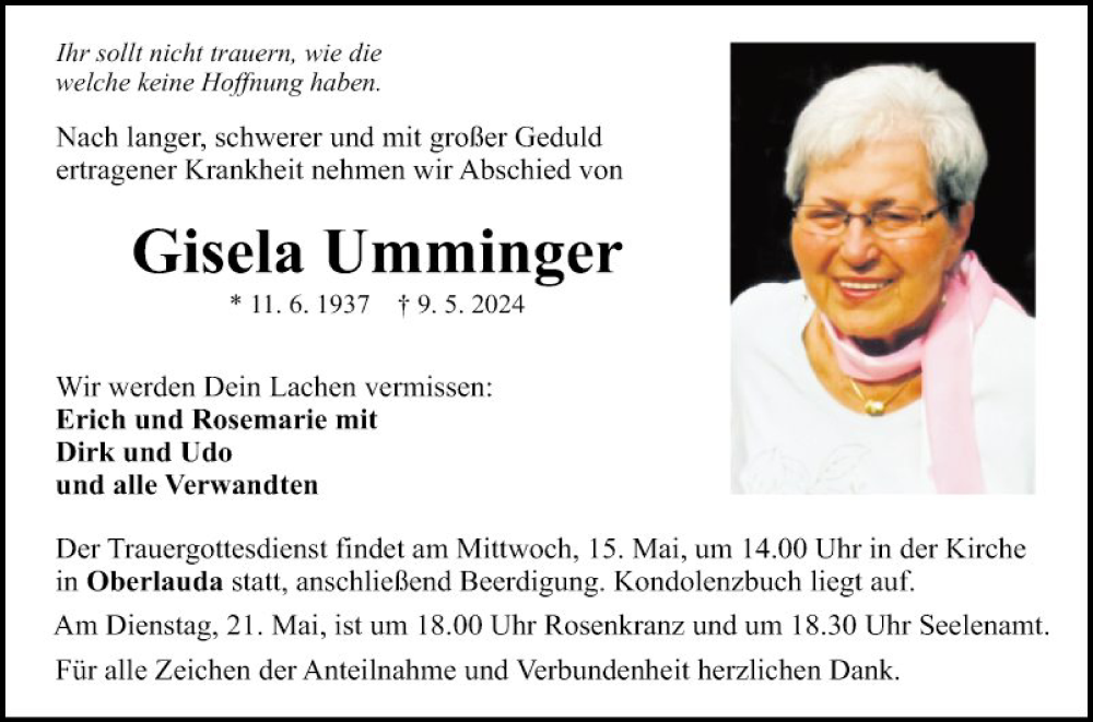  Traueranzeige für Gisela Umminger vom 11.05.2024 aus Fränkische Nachrichten