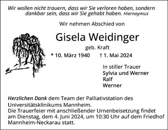 Traueranzeige von Gisela Weidinger von Mannheimer Morgen
