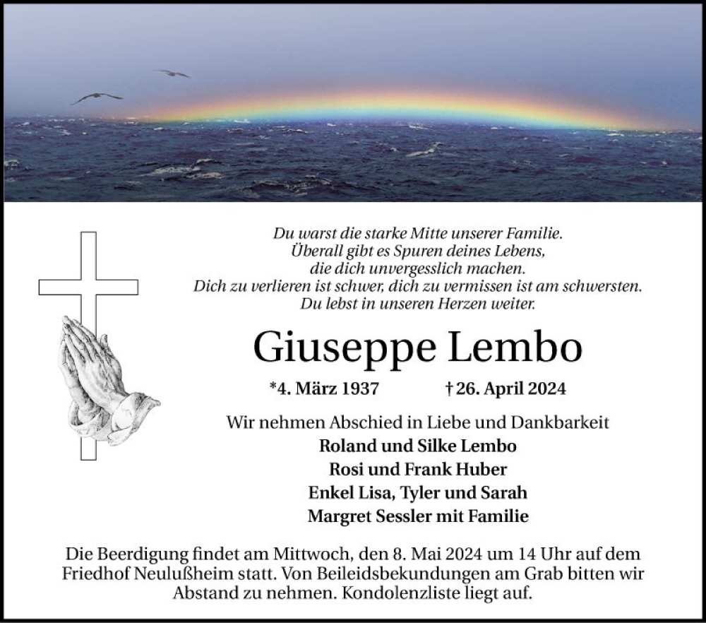  Traueranzeige für Giuseppe Lembo vom 04.05.2024 aus Schwetzinger Zeitung