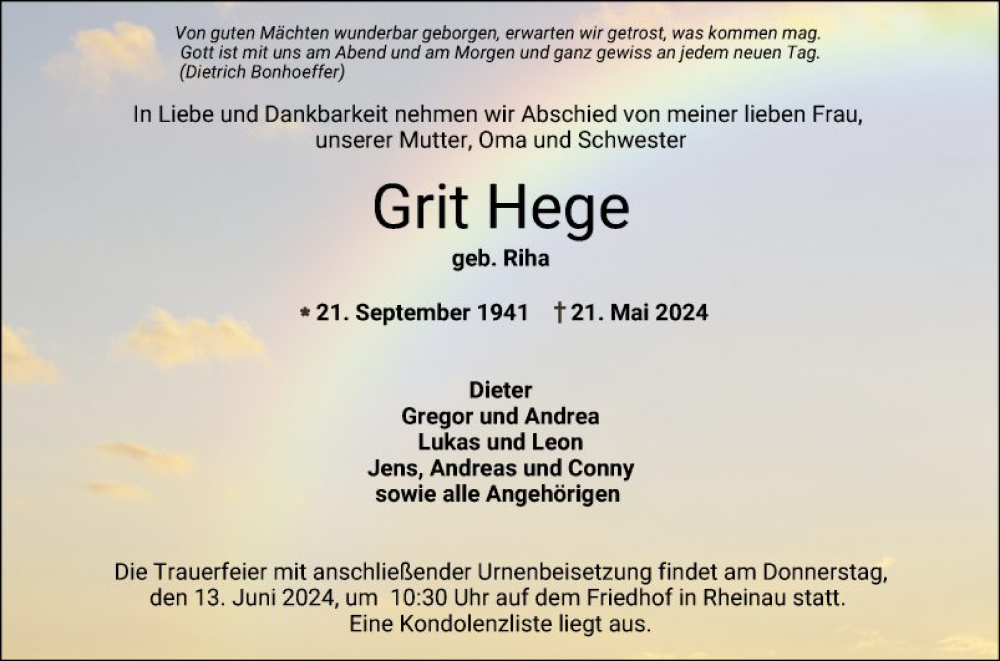  Traueranzeige für Grit Hege vom 01.06.2024 aus Mannheimer Morgen