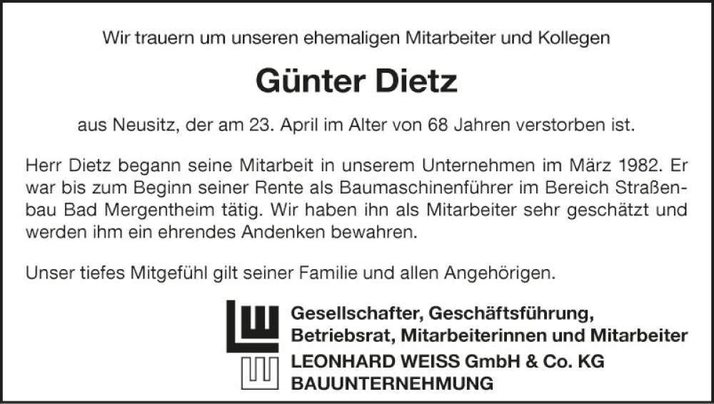  Traueranzeige für Günter Dietz vom 27.05.2024 aus Fränkische Nachrichten